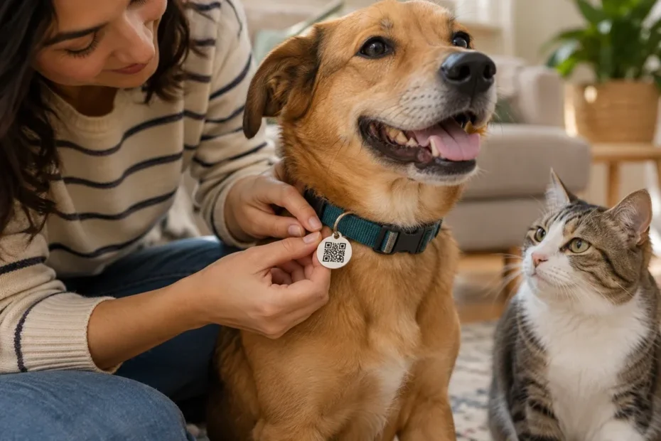 Tutora coloca uma plaquinha com QR Code na coleira de um cachorro, enquanto um gato observa, ilustrando a identificação de pets.