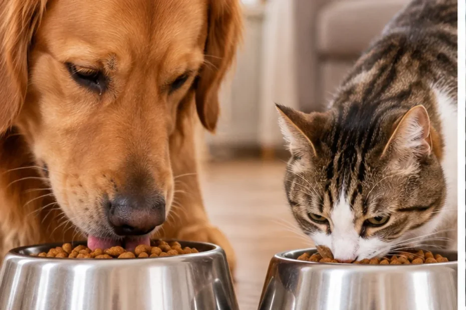 Cão e gato comendo ração seca em tigelas separadas, fotografia ilustrativa sobre alimentação de pets.