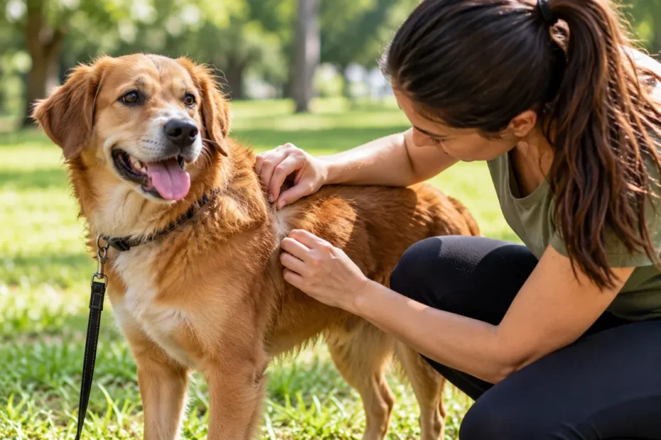 Cachorro sendo observado pelo tutor após passeio em área gramada, cena ilustrativa de cuidado preventivo contra carrapatos.