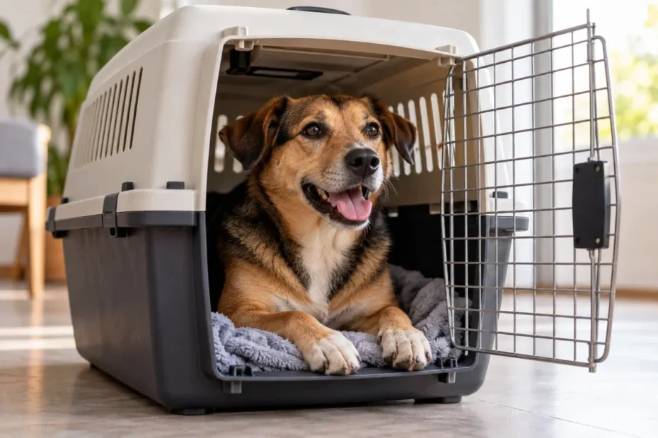 Cachorro em caixa de transporte com porta aberta, em ambiente doméstico, imagem ilustrativa de preparação para viagem internacional.