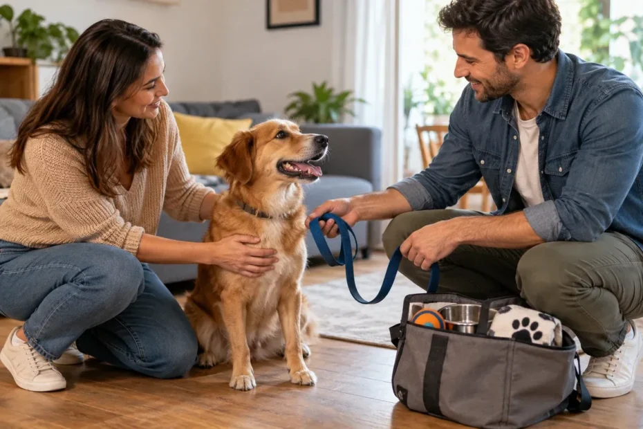 Cão entre duas pessoas que organizam a convivência e os cuidados após uma separação