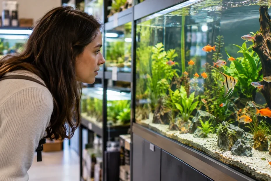 Aquário doméstico com peixes ornamentais e pessoa observando os animais em loja especializada, cena ilustrativa sobre a escolha responsável.