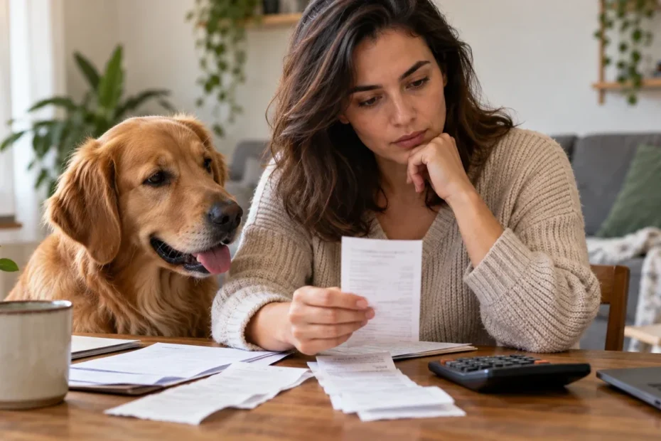 Tutor com cachorro ao lado de recibos veterinários e calculadora em mesa doméstica, cena ilustrativa sobre proposta de dedução no Imposto de Renda.
