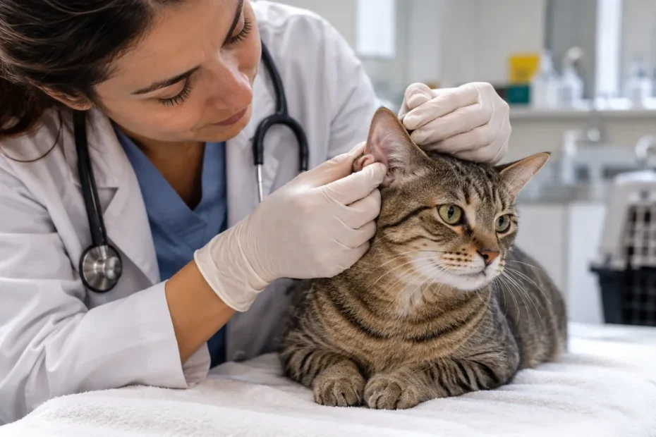 Veterinária examina cuidadosamente um gato tigrado em consultório, ilustrando avaliação de sinais suspeitos de esporotricose.