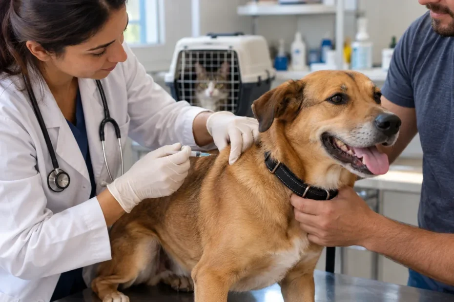 Veterinária aplica vacina em cão tranquilo, acompanhado do tutor; gato aguarda em caixa de transporte ao fundo.
