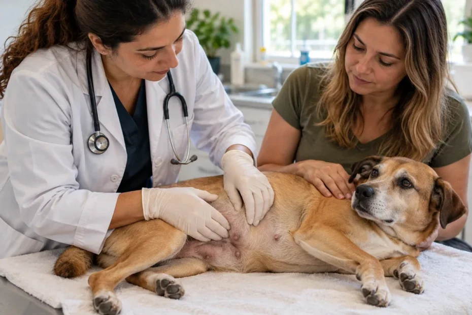 Médica-veterinária avalia com cuidado a região abdominal de uma cadela em clínica, com tutora ao lado.