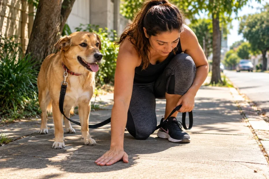 Tutora verifica com a mão a temperatura da calçada antes de passear com seu cachorro em dia ensolarado.