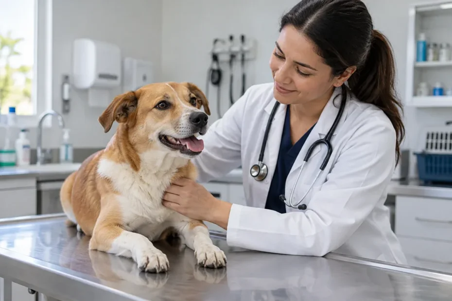 Médica-veterinária atende um cachorro em mesa de exame de clínica veterinária, em cena ilustrativa.