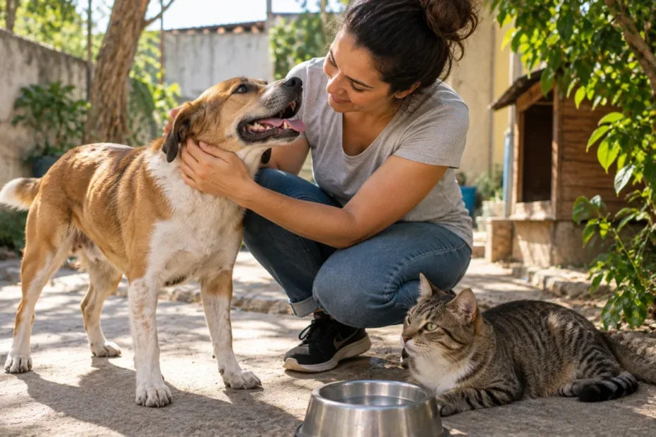 Cão resgatado recebe atenção de voluntária em ambiente acolhedor, com gato descansando ao lado.