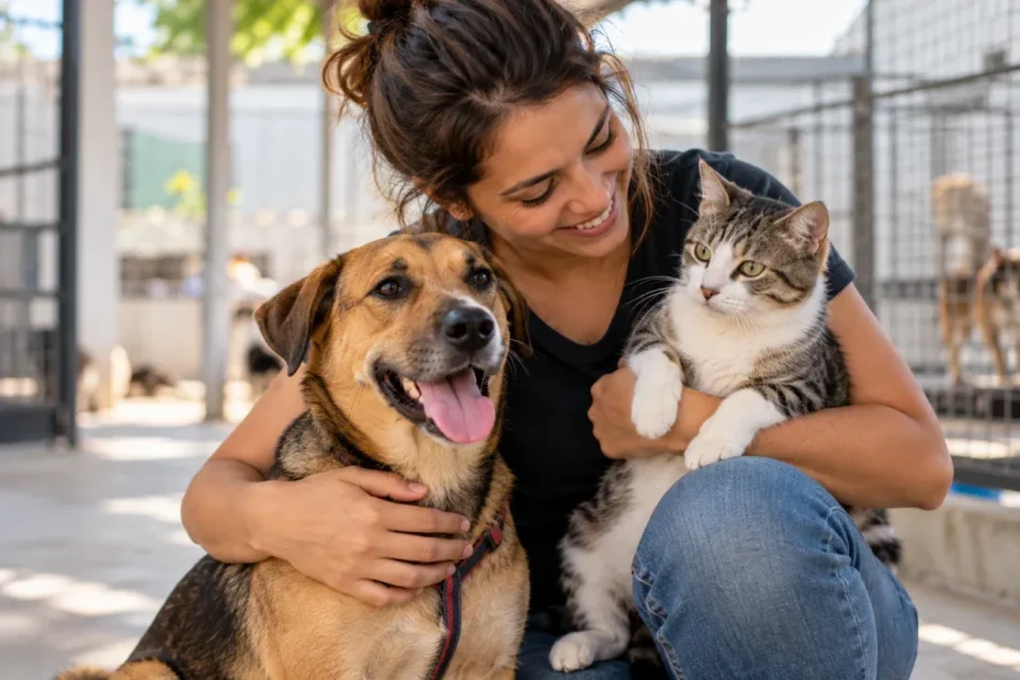 Cuidadora em ambiente de acolhimento com cachorro e gato, imagem ilustrativa sobre adoção responsável.