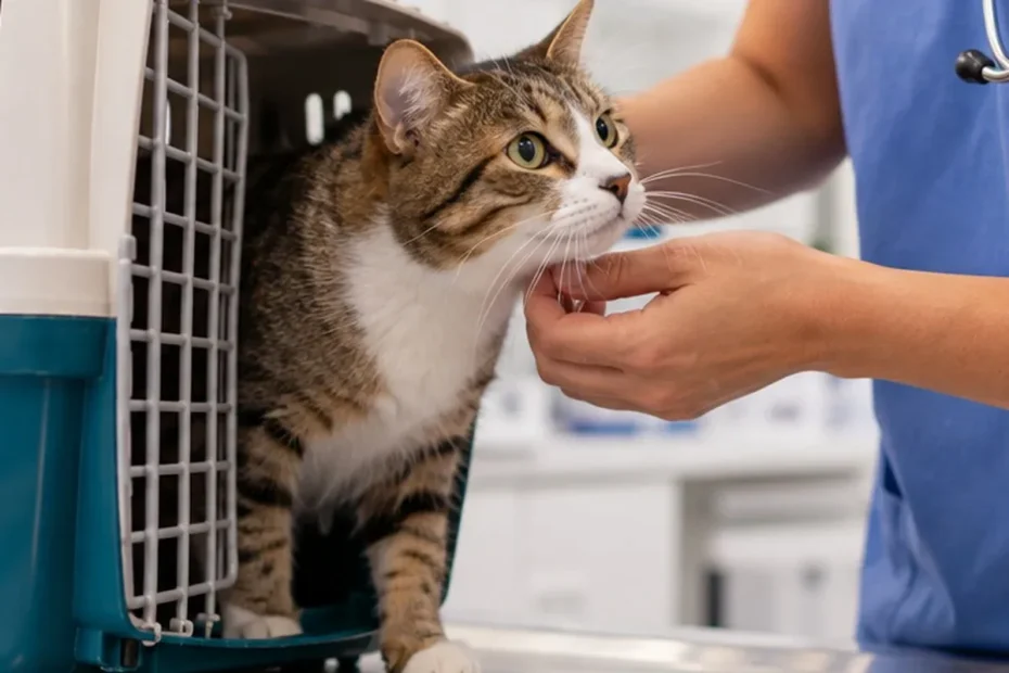 Gato em avaliação por profissional de clínica veterinária, imagem ilustrativa sobre atendimento e plantão veterinário.