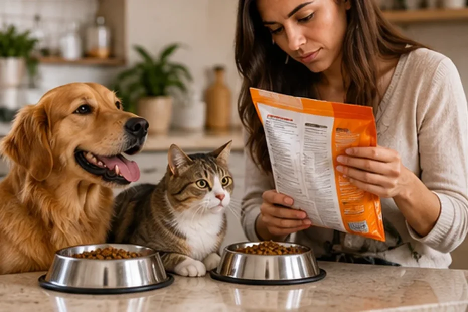 Tutor observa embalagem de ração enquanto cachorro e gato se alimentam